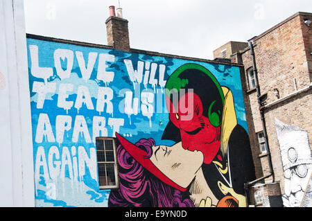 Leonard Street, London. Street Art with slogan 'Love will tear us apart again'. Stock Photo