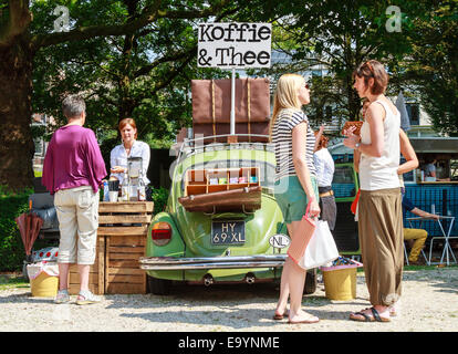 Selling coffee and tea out of a car at the summer Swan Market in Dordrecht. Stock Photo