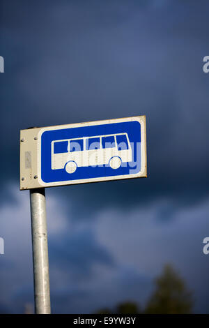 Finnish bus stop sign  ( long range buses ) , Finland Stock Photo