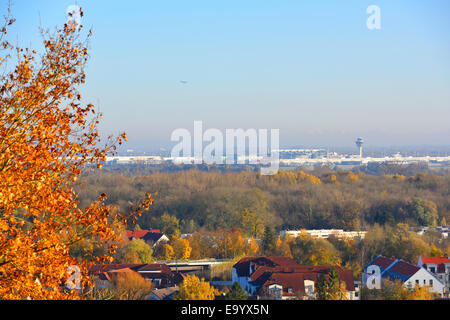 Airport Munich, MUC, view from Freising, Weihenstephan Hill, autumn, Stock Photo
