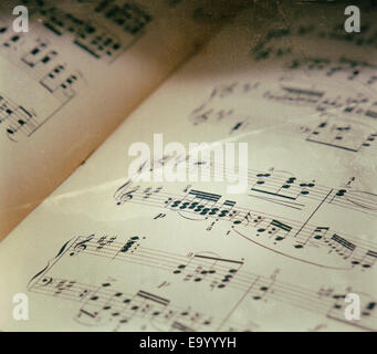 Piano score with distressed effect.  Fragment of Schubert's Sonato Opus 53, from a late 19th century edition. Stock Photo