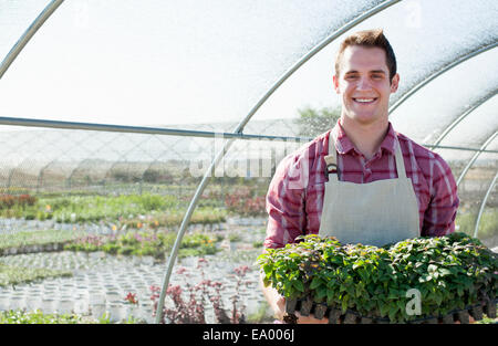 Portrait of young male horticulturalist holding plants in plant nursery polytunnel Stock Photo