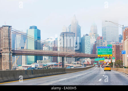 Highway and Brooklyn Bridge, Lower Manhattan, New York, USA Stock Photo