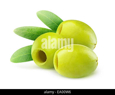 Pitted green olives isolated on white Stock Photo