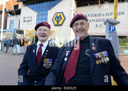 World War Two 2 veterans Ernest Elston and Joe Davis wearing their medals with pride outside Molineux Stock Photo