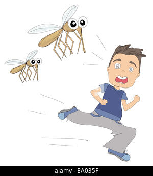 boy runs away from mosquitoes Stock Photo