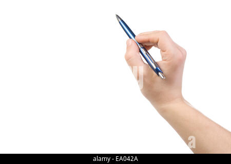 isolated hand holding blue pen Stock Photo