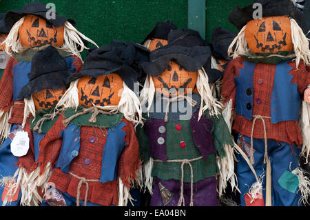 Scarecrow is displayed during a Halloween, Pumpkin festival. A crocheted witch doll made for halloween the witch is surrounded b Stock Photo