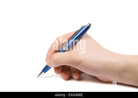 isolated hand holding blue pen Stock Photo