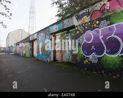 The old gates and wall that surrounds Fratton Park Football stadium, Portsmouth, England covered with Street art, Graffiti Stock Photo