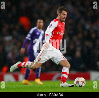 LONDON, ENGLAND - NOV 04: Arsenal's Aaron Ramsey during the UEFA Champions League match between Arsenal from England and Anderlecht from Belgium played at The Emirates Stadium, on November 04, 2014 in London, England. (Photo by Mitchell Gunn/ESPA) Stock Photo