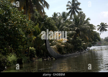 Traditional boats and canoes on the backwaters, Allepey, Kerala, India, South Asia. Stock Photo