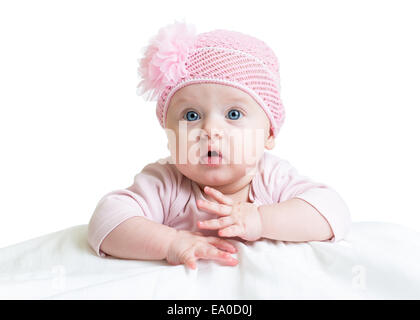 baby girl in pink knitted hat Stock Photo