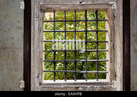 Medieval window with iron grating in Prague. Ancient stone walls, wooden frame and trees views Stock Photo