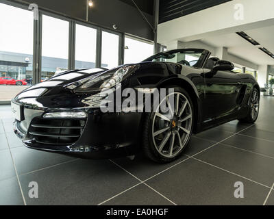 Porsche Boxster, black, front 3/4 view. Stock Photo