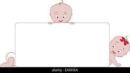 vector cute little babies behind empty banner Stock Vector