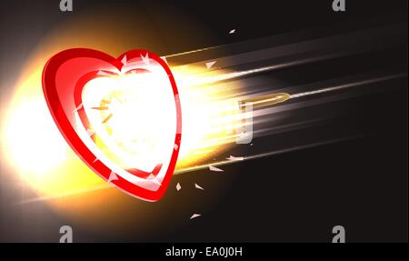 vector concept illustration of golden bullet breaking through heart target, eps10 file, gradient mesh and transparency used Stock Vector