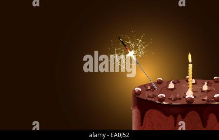 vector illustration of chocolate cake with candle and sparkler, eps10 file, gradient mesh and transparency used Stock Vector