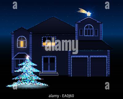 vector illustration of decorated house with lights, christmas tree and david star, eps 10 file, gradient mesh and transparency u Stock Vector