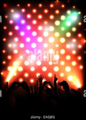 vector people silhouettes in front of colorful concert stage, eps10 file, gradient mesh and transparency used Stock Vector