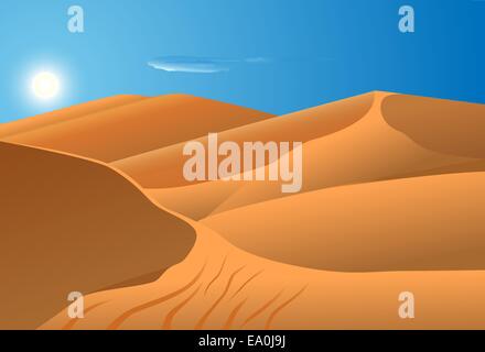 vector illustration of desert dunes with blue sky and sun in the background Stock Vector