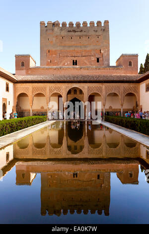 Alhambra Palace, Palacio de Comares / the Comares Palace & Patio de los Arrayanes / Court of the Myrtles with Torre de Comares Tower, Granada, Spain Stock Photo