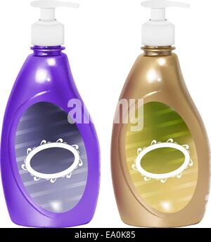 vector realistic liguid soap container in gold and purple color, eps10 file, gradient mesh and transparency used Stock Vector