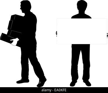 vector silhouette of two man, one carrying boxes , other holding empty banner Stock Vector