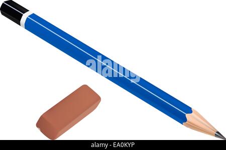 blue pencil and brown eraser on white background Stock Vector
