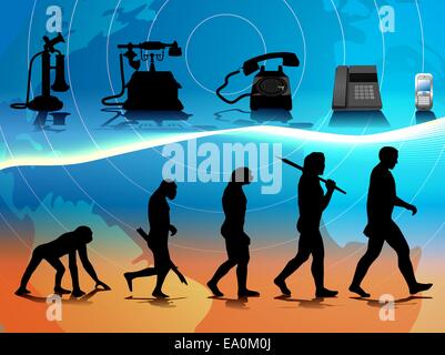 vector conceptual illustration comparing human and phone evolution Stock Vector