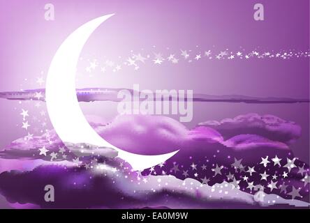 vector romantic scene with moon, stars and pink clouds, eps 10 file, gradient mesh and transparency used Stock Vector