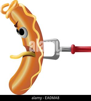 vector cartoon sausage on fork isolated on white Stock Vector