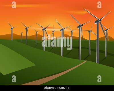 vector illustration of wind turbine on the green fields in the sunset Stock Vector