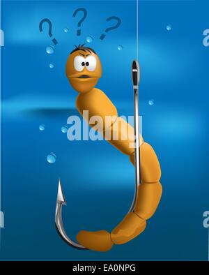 vector cartoon worm on the hook in the water Stock Vector