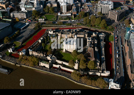 The Tower of London with the River of Poppies Rememberance installation as seen from the air. Stock Photo