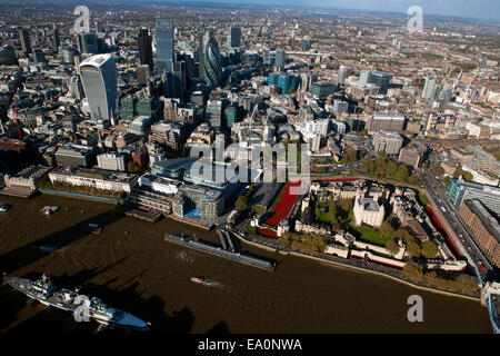 The Tower of London with the River of Poppies Rememberance installation as seen from the air. Stock Photo