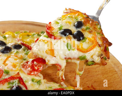 taking slice of pizza,melted cheese dripping Stock Photo