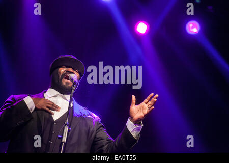 Gregory Porter American jazz singer songwriter performing on stage at 18th Jazz Fest Sarajevo. Stock Photo