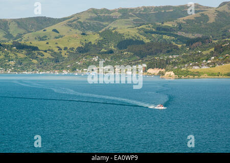 Cruise ship tender leaving Akaroa Harbour NZ Stock Photo