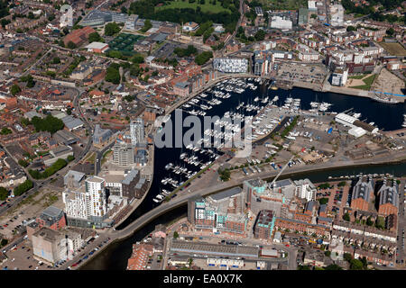 An aerial view of Ipswich Suffolk with the town centre, Football stadium offices and the marina on the River Orwell Stock Photo