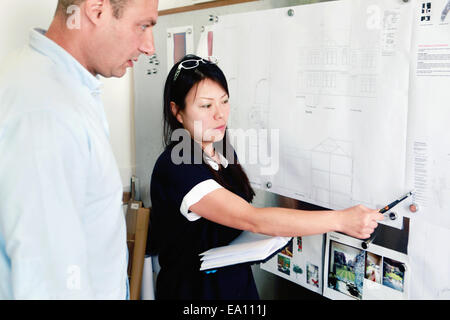 Male and female architects discussing ideas in office
