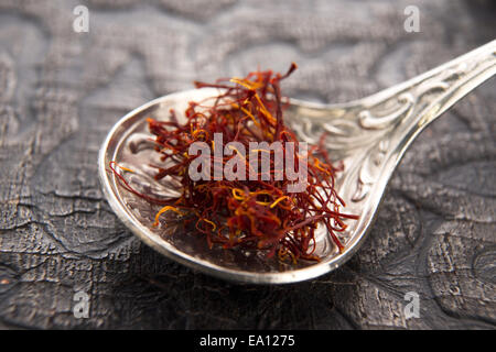 stigmas of saffron in spoon Stock Photo