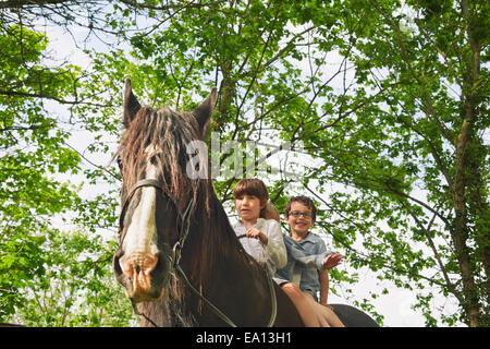Low angle view of three boys riding on horse Stock Photo