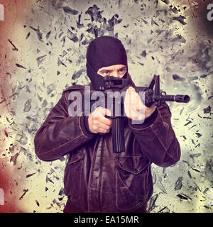 terrorist portrait and background explosion Stock Photo