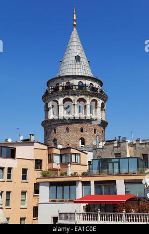 Galata Tower in the Karakoy quarter of Istanbul, Turkey. Stock Photo