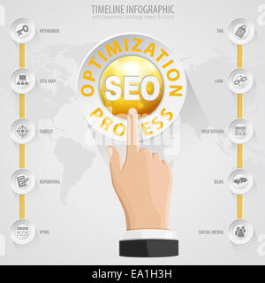 Search Engine Optimization (SEO) Concept with Buttons, Icons and Hand. Template. Stock Photo