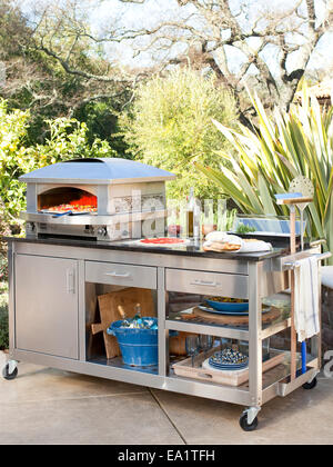 making pizza on an outdoor pizza oven Stock Photo