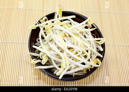 a bowl of mung bean sprouts on a bast mat Stock Photo