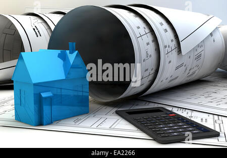 3d illustration of Blueprints, house model and construction equipment. Stock Photo