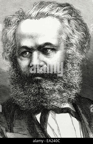 Karl Marx (1818-1883). German Philosopher, political economist and communist. Portrait. Engraving by Capuz. Stock Photo